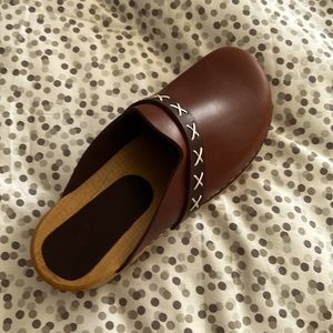 New, never worn, “Pixie” Swedish style wooden leather clogs.